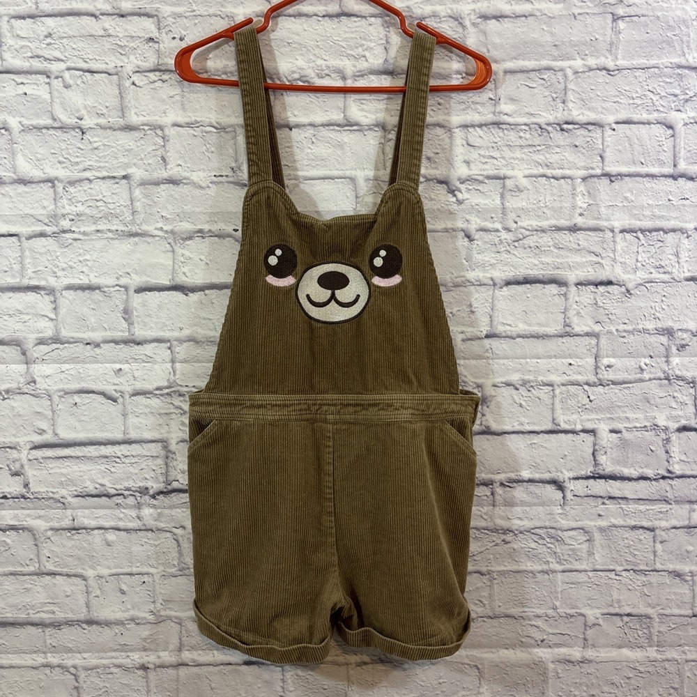 Hot Topic L Shortalls Corduroy Teddy‎ Bear Tan Brown Coveralls Alt Cute Grunge